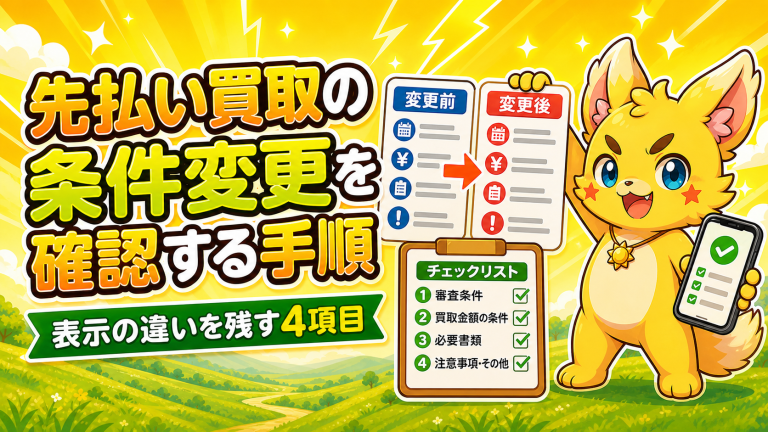 先払い買取の条件変更を確認するマスコット付きチェックリスト